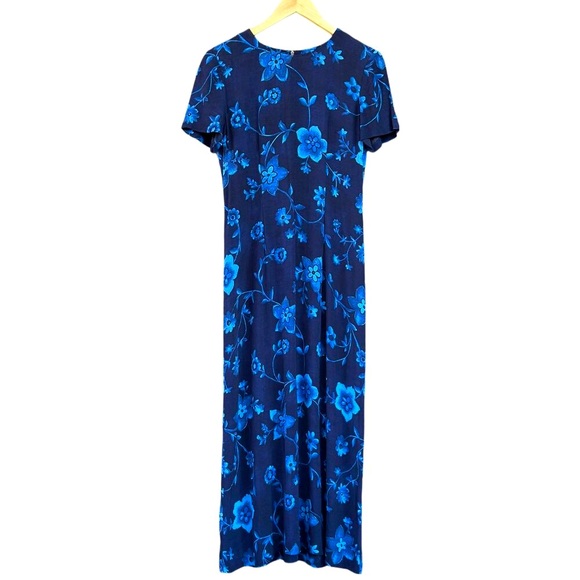 Vintage 90s DONNA RICCO Size 4 Navy Blue Floral Short Sleeve Back Zip Midi Dress - Picture 1 of 9